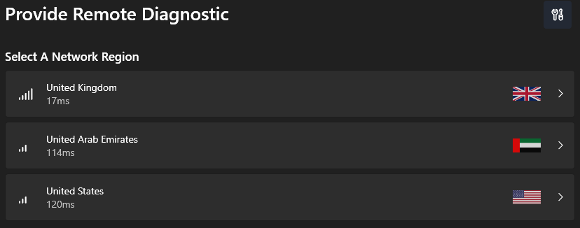 select VPN Region screen