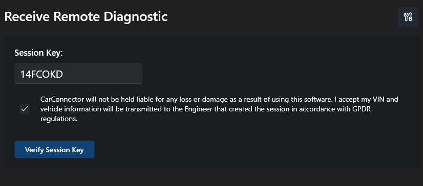 Receive Remote Diagnostics session key screen