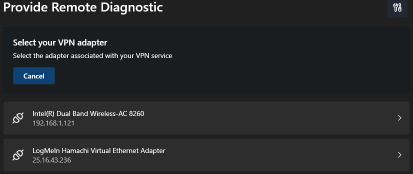 select VPN Network Card screen